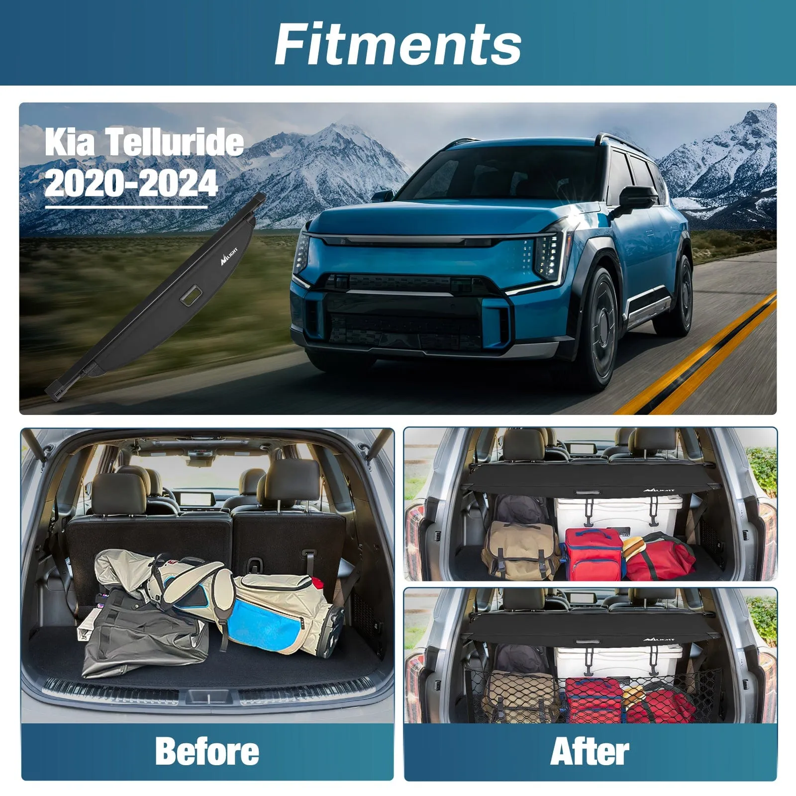 2020-2025 Kia Telluride Retractable Trunk Cargo Cover With Trunk Storage Net