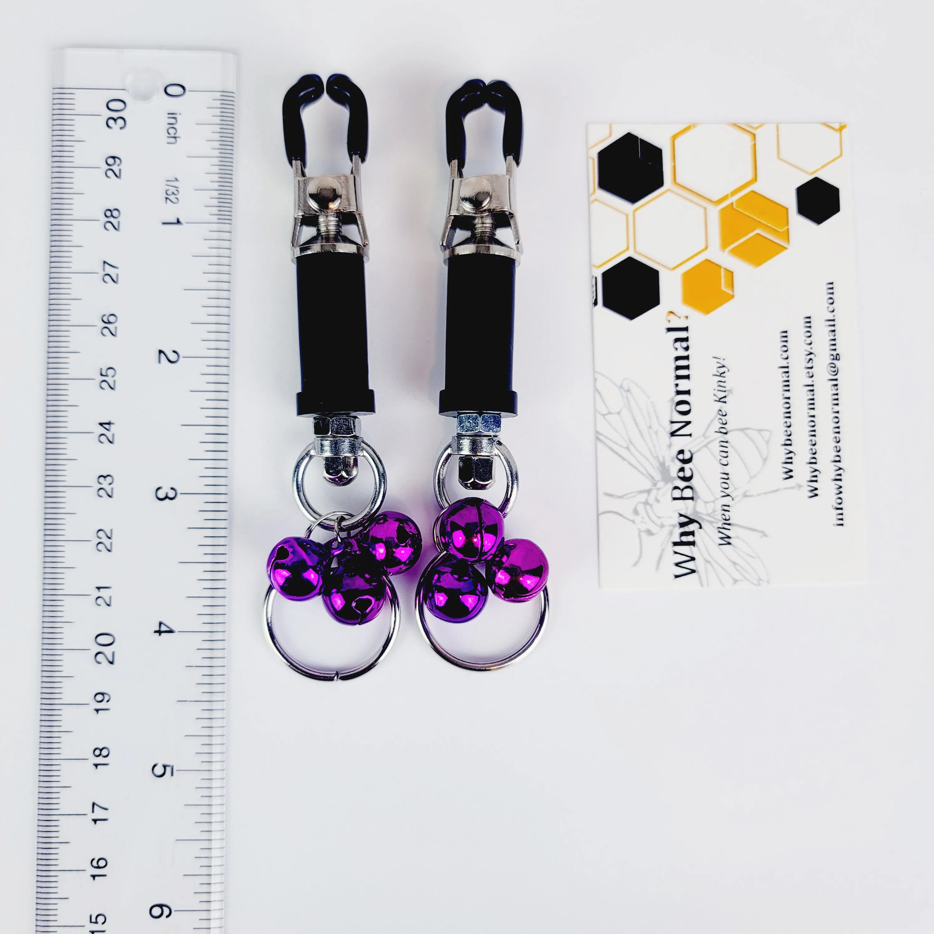BDSM Nipple Clamps. Barrel Nipple Clamps with Bells and Pull Rings. MATURE