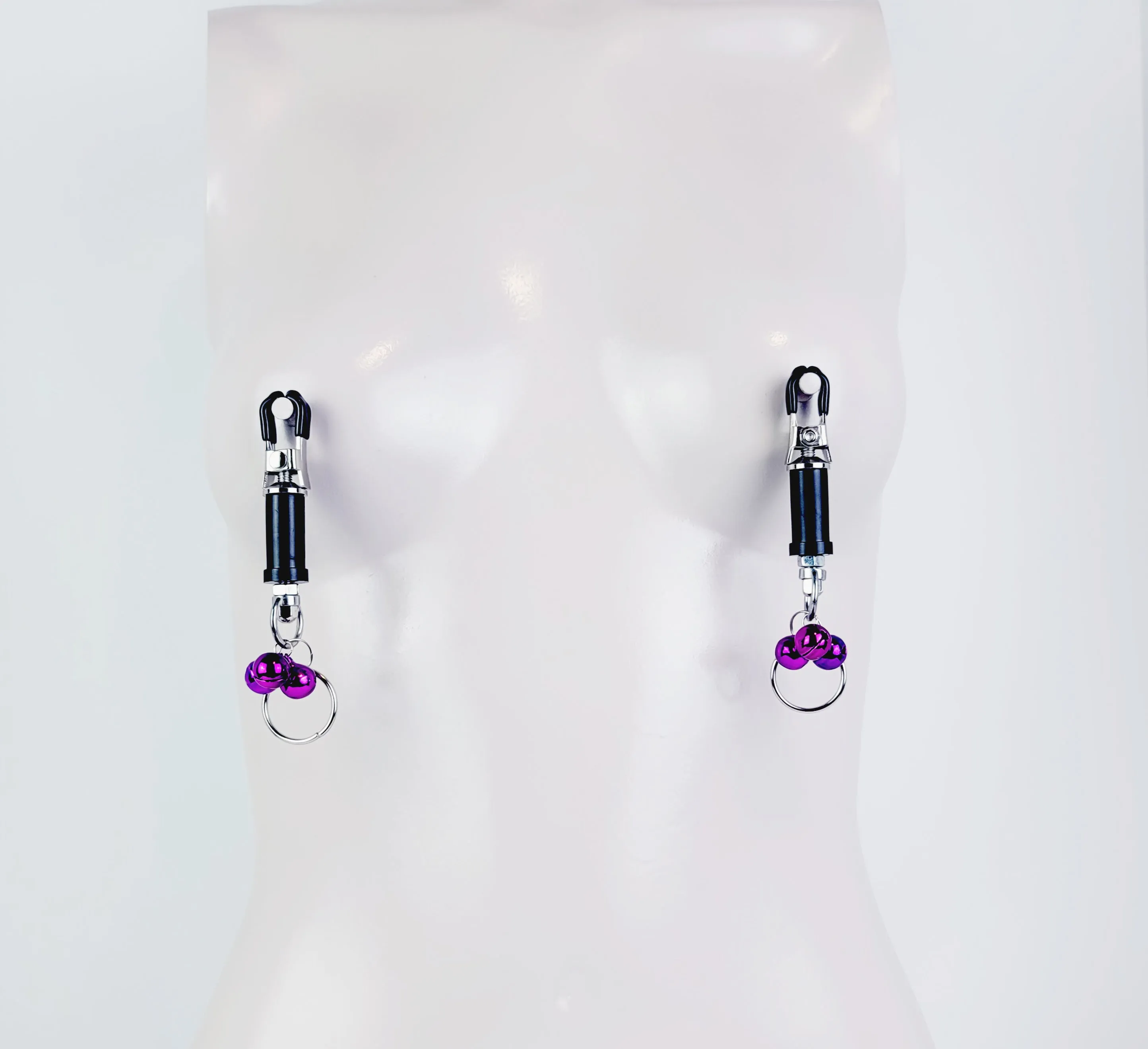BDSM Nipple Clamps. Barrel Nipple Clamps with Bells and Pull Rings. MATURE