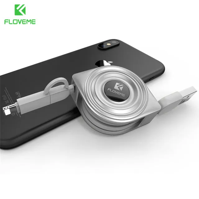 FLOVEME 2 in 1 USB Cable   Micro USB Cables Retractable Mobile Phone Charger for iPhone X 8 7 6 iPad Air 1M for Xiaomi Cabos