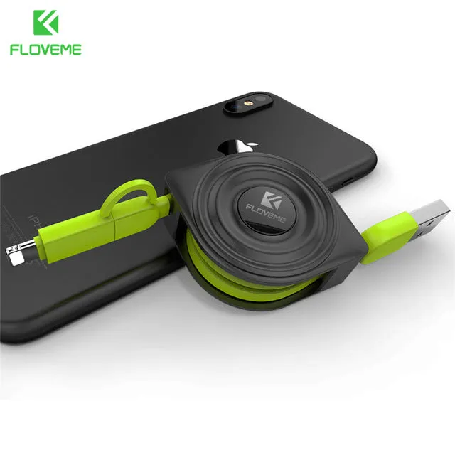 FLOVEME 2 in 1 USB Cable   Micro USB Cables Retractable Mobile Phone Charger for iPhone X 8 7 6 iPad Air 1M for Xiaomi Cabos