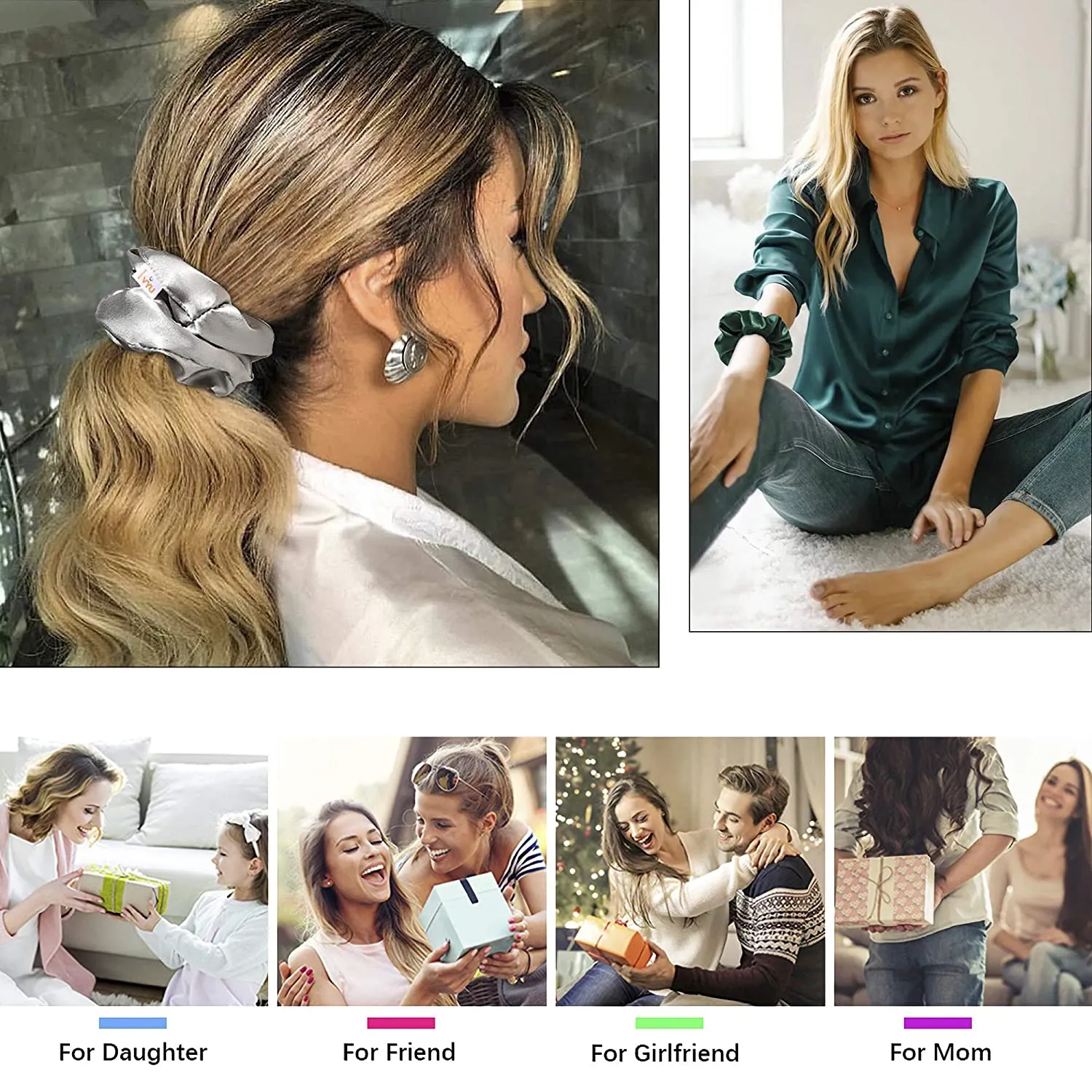 Scrunchies Hair Ties Silk Scrunchie for Girls Women Cute Hairties For Thick Curl Fine Hair No Crease Hair Accessories Soft Ropes Ponytail Holder No Hurt Your Hair (Burgundy Purple Pink Green)