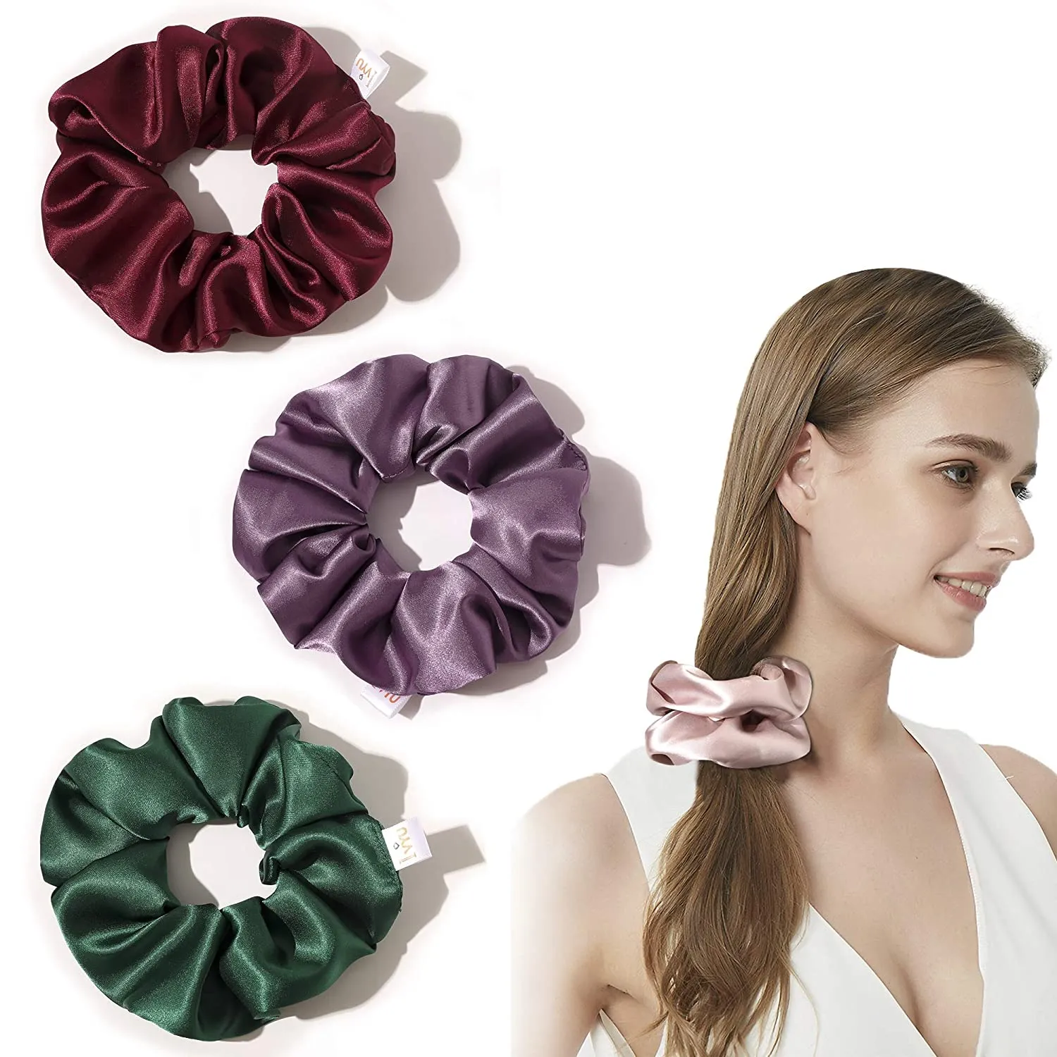 Scrunchies Hair Ties Silk Scrunchie for Girls Women Cute Hairties For Thick Curl Fine Hair No Crease Hair Accessories Soft Ropes Ponytail Holder No Hurt Your Hair (Burgundy Purple Pink Green)
