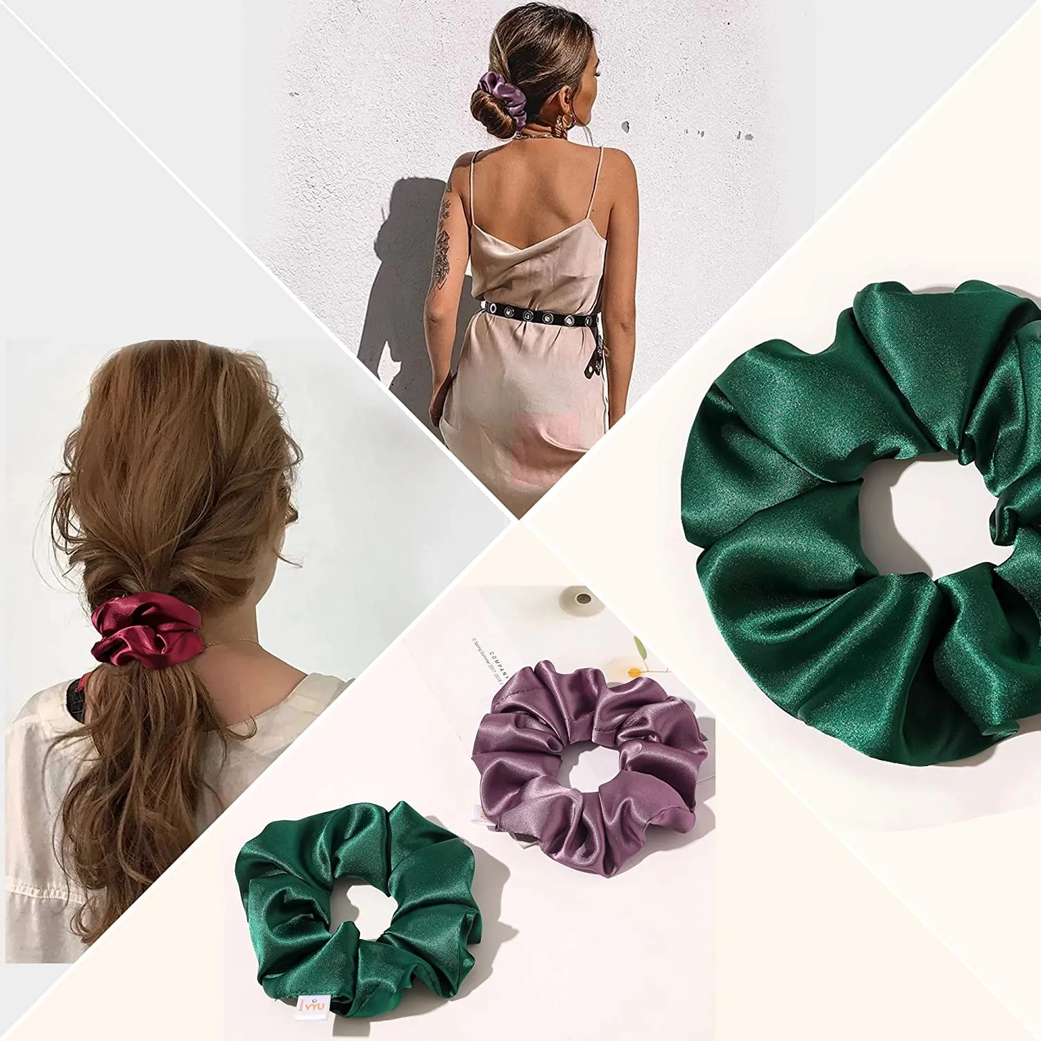 Scrunchies Hair Ties Silk Scrunchie for Girls Women Cute Hairties For Thick Curl Fine Hair No Crease Hair Accessories Soft Ropes Ponytail Holder No Hurt Your Hair (Burgundy Purple Pink Green)